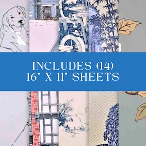 May include: A collage of 14 different patterned scrapbook paper sheets, each measuring 16 inches by 11 inches. The patterns include a dog, a house, a bicycle, bamboo, and flowers. The text "INCLUDES (14) 16" X 11" SHEETS" is displayed in blue.