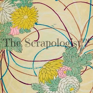 May include: A vintage illustration featuring a floral design with white, yellow, and pink chrysanthemums, green leaves, and swirling lines in shades of purple, blue, and brown on a cream background.