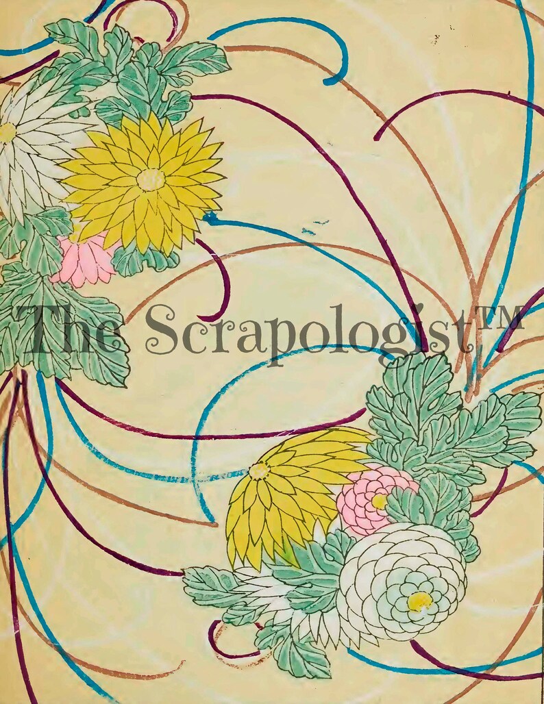 May include: A vintage illustration featuring a floral design with white, yellow, and pink chrysanthemums, green leaves, and swirling lines in shades of purple, blue, and brown on a cream background.