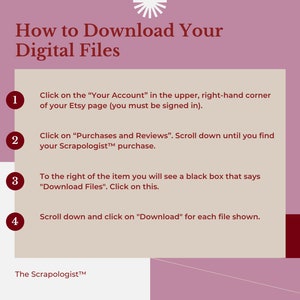 May include: A pink and beige illustrated guide with four numbered steps on how to download digital files from Etsy. The steps include clicking on "Your Account", "Purchases and Reviews", "Download Files", and "Download" for each file.