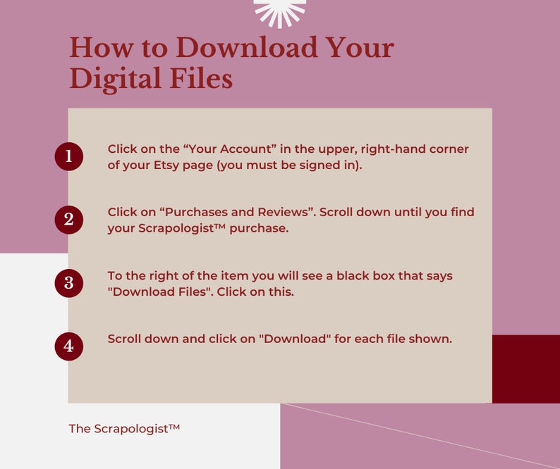 May include: A pink and beige illustrated guide with four numbered steps on how to download digital files from Etsy. The steps include clicking on "Your Account", "Purchases and Reviews", "Download Files", and "Download" for each file.