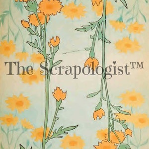May include: A vintage illustration of two yellow flowers with green stems and leaves on a light blue background. The text "The Scrapologist&trade;" is at the bottom of the image.