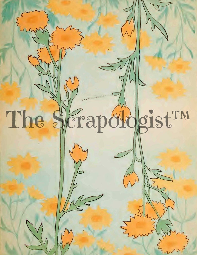 May include: A vintage illustration of two yellow flowers with green stems and leaves on a light blue background. The text "The Scrapologist&trade;" is at the bottom of the image.