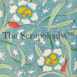 May include: A blue background with a white floral pattern. The flowers have yellow centers and red stems. The text "The Scrapologist&trade;" is in the center of the image.