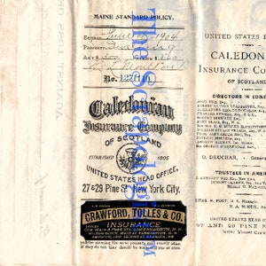 K&ouml;nnte beinhalten: Eine alte Versicherungspolice der Caledonian Insurance Company of Scotland, gegr&uuml;ndet 1805. Die Police ist datiert auf den 2. Juni 1904 und hat die Policennummer 1221010. Die Police ist f&uuml;r ein Objekt in Maine. Die Police enth&auml;lt auch die Namen und Adressen der Direktoren und Treuh&auml;nder des Unternehmens.