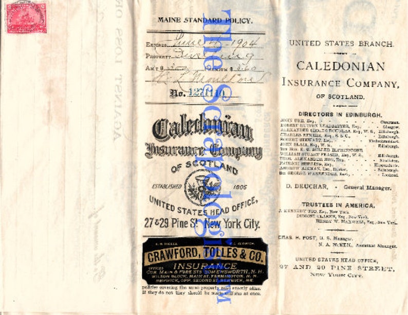 K&ouml;nnte beinhalten: Eine alte Versicherungspolice der Caledonian Insurance Company of Scotland, gegr&uuml;ndet 1805. Die Police ist datiert auf den 2. Juni 1904 und hat die Policennummer 1221010. Die Police ist f&uuml;r ein Objekt in Maine. Die Police enth&auml;lt auch die Namen und Adressen der Direktoren und Treuh&auml;nder des Unternehmens.