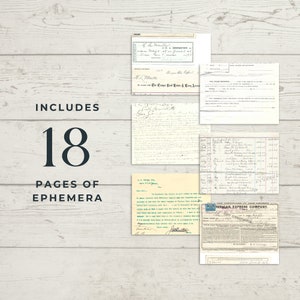 K&ouml;nnte beinhalten: Eine Sammlung von 18 Seiten Ephemera, darunter handgeschriebene Briefe, Quittungen und ein Versandetikett der American Express Company. Die Ephemera ist in Schwarzwei&szlig; und zeigt eine Vielzahl von Schriftarten und Stilen.