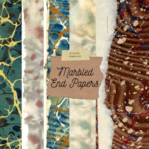 May include: A digital download of six marbled end papers. The papers are in various colors, including blue, green, brown, and red. The papers have a torn edge and a marbled pattern.