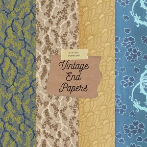 Op de afbeelding: Vier digitale papierpatronen met vintage ontwerpen. De patronen zijn een blauw en groen bloemenontwerp, een bruin en wit bloemenontwerp, een geel en wit bloemenontwerp en een blauw en wit bloemenontwerp. De tekst "Digitale download Vintage End Papers" staat op een bruin papieren label.