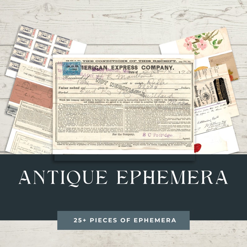 K&ouml;nnte beinhalten: Eine Sammlung antiker Ephemera, darunter eine alte American Express Quittung aus dem Jahr 1909, ein paar Briefmarken und eine Blumenillustration. Die Quittung ist f&uuml;r ein Paket, das von West Haven Beach, Mississippi nach Enid, Oklahoma geschickt wurde. Der Text auf der Quittung lautet "Nicht verhandelbar".