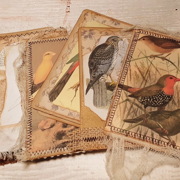 Journal Cards, Vintage Birds, Handmade Junk Journal Supplies, Ephemera - set of 6