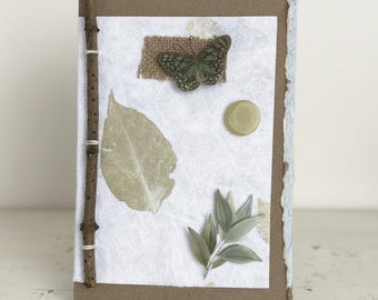 Botanical Art Journal with Handmade Paper Cover, Variety of Mixed Media Pages, Hand Sewn Binding
