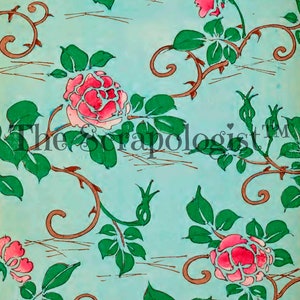 May include: A repeating pattern of pink roses and green leaves on a light blue background. The roses are stylized and have a simple design. The leaves are also stylized and have a simple design. The pattern is repeated throughout the image.