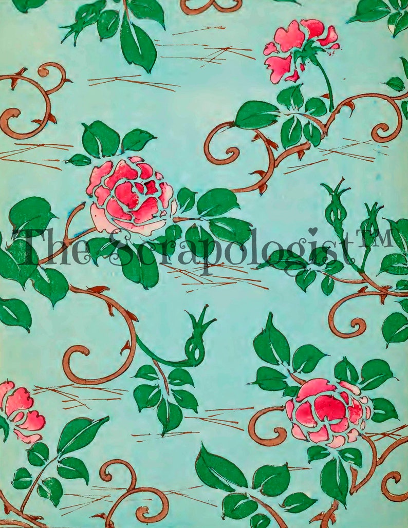 May include: A repeating pattern of pink roses and green leaves on a light blue background. The roses are stylized and have a simple design. The leaves are also stylized and have a simple design. The pattern is repeated throughout the image.
