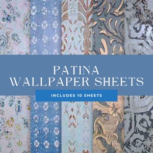 May include: A set of 10 patterned wallpaper sheets with a blue and gold color scheme. The text "PATINA WALLPAPER SHEETS INCLUDES 10 SHEETS" is printed on the image.