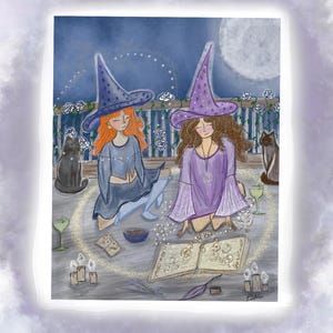 May include: A digital illustration of two figures wearing pointed hats, one in blue and one in purple, kneeling on a wooden floor. They are surrounded by a glowing circle, an open book with swirling symbols, lit candles, two cats, and white roses.