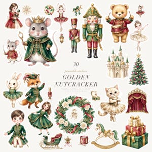 Op de afbeelding: Een verzameling van 30 printbare stickers met illustraties in het thema Notenkraker, waaronder een muizenkoning, een trommelende beer, ballerina's, een vos, een kasteel, een kerstboom, een krans, een hobbelpaard en cadeaus met de tekst GOLDEN NUTCRACKER.