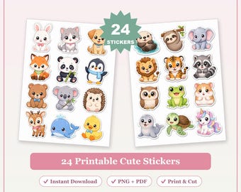 24 Kawaii Animal Stickers Printable | Planner Journal Kids Crafts (PNG PDF)