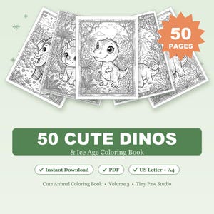 以下が含まれることがあります： 50 CUTE DINOS & Ice Age Coloring Bookというタイトルのデジタル塗り絵で、ジャングルや火山の風景の中にいる恐竜や先史時代の動物を描いた50ページの白黒線画イラストが含まれており、PDF形式でダウンロード可能です。