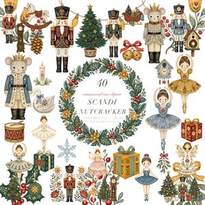 Peut inclure: Une collection de 40 illustrations numériques représentant des casse-noisettes, des ballerines, des souris couronnées, des sapins de Noël, des couronnes, des cadeaux et des décorations festives aux motifs floraux, rouges, verts, dorés et bleus.