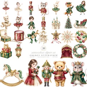 May include: A collection of 30 watercolour illustrations featuring Nutcracker-themed characters, including ballerinas, soldiers, mice, a fox, a teddy bear, a rocking horse, a Christmas tree, a sleigh, gifts, a drum, and festive holiday decorations.