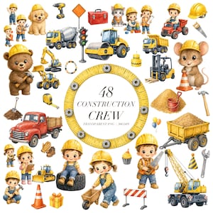 Puede incluir: Una colección de ilustraciones en acuarela con temática de construcción que incluye niños con cascos amarillos, un oso, un ratón, un gatito, un cachorro, varios vehículos de construcción, herramientas y un marco circular de cinta métrica.