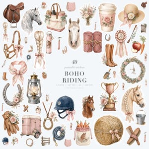 Peut inclure: Une collection de 40 autocollants imprimables sur le thème équestre incluant chevaux, selles, casques, bottes, trophées, bottes de foin, carottes, fleurs et matériel d'écurie avec le texte 40 printable stickers BOHO RIDING.