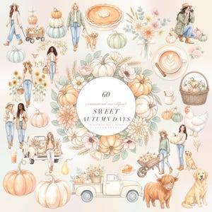 May include: A collection of 60 digital illustrations titled Sweet Autumn Days featuring pumpkins, floral bouquets, coffee, farm animals, and people in seasonal attire. The set includes various autumn-themed elements for commercial use.