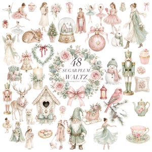 Nutcracker 4K Clipart, Pastel Christmas Ballerina PNG, 48 Watercolor Sugar Plum Waltz Graphics, Pink Sage Vintage Xmas, Commercial Use