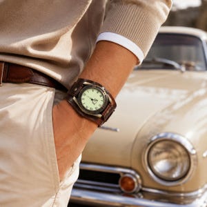 May include: A wristwatch featuring a wide brown leather cuff band and a round face with a pale green dial, dark hands, and Roman numeral markers. The watch case is metallic with a textured bezel, secured by a brown leather strap with visible stitching.