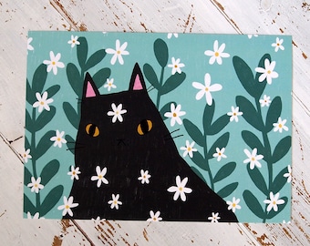 Black cat with daisies A4 art print