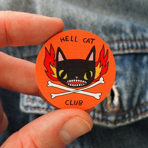 Hell Cat Club wooden lapel pin brooch