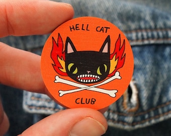 Hell Cat Club wooden lapel pin brooch