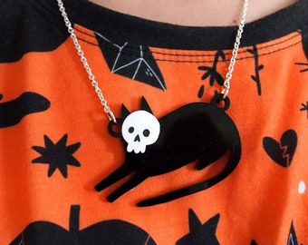 Skull Cat Halloween Necklace, Laser cut black cat necklace