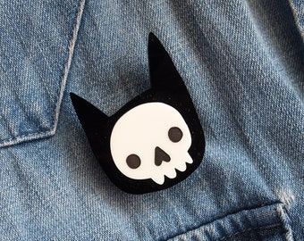 Skull cat Halloween brooch, laser cut black cat skull brooch