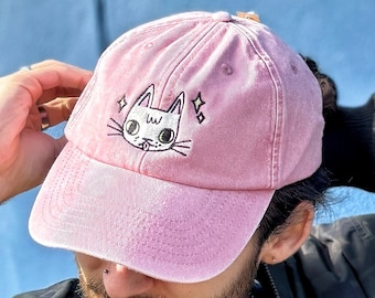 Embroidered cat face pink vintage style baseball cap