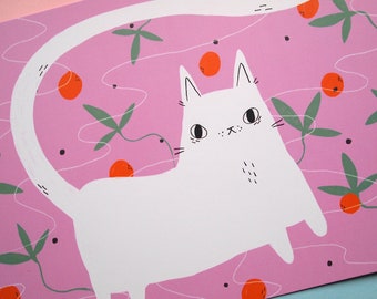 White cat with oranges A4 art print