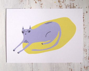 Purple and yellow cat A4 art print