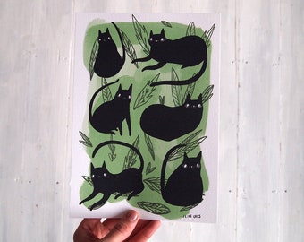 Black cats and leaves A4 art print