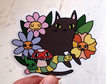 Black cat with flowers and mushroom vinyl sticker, cat sticker, cat decal