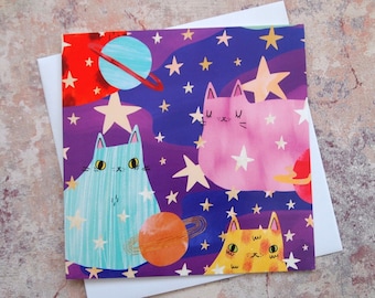 Cats in space illustrated greetings card