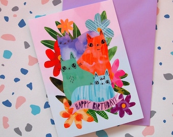 Katten en bloemen Fijne verjaardagskaart