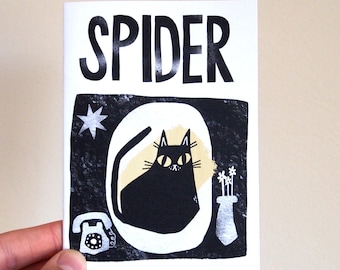 Mini livro ilustrado 'Aranha' - mini livro ilustrado, mini zine, ilustração de gato, história de gato, gato preto