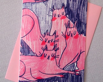 Pink cats illustrated blank greetings card