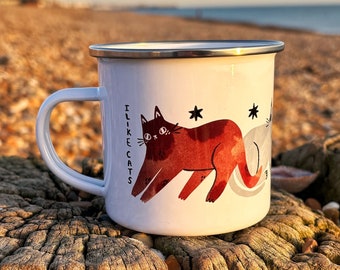 Cats illustrated enamel camping mug, enamel mug, I like cats, cat mug, cat cup