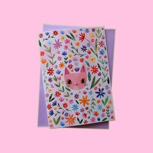 Carte d'anniversaire tête de chat et fleurs, carte de voeux vierge chat et fleurs