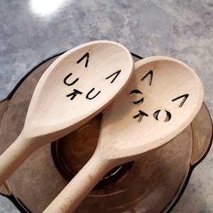 Two cat face wooden spoons, baking kitchen utensils