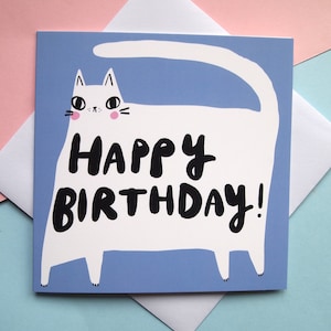 Cat design birthday card, Cat birthday card, cat greetings card, white cat, Happy Birthday