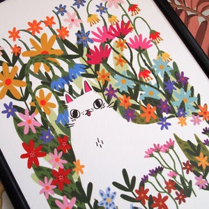 White cat in flowers art print image 1