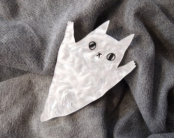 Spooky ghost cat brooch, Halloween laser cut acrylic brooch